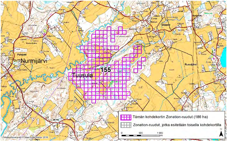 Tuusula, Zonation-aluetunnus 155 TUUSULA (155) Alue sijaitsee Tuusulan länsiosissa Rusutjärven kylän länsipuolella ja Siippoon kylän lounaispuolella metsä- ja peltoalueella.