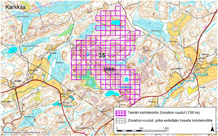 Vihti, Zonation-aluetunnus 35 VIHTI (35) Alue sijaitsee Vihdin koillisosissa Taka-Moksin kylän koillispuolella lähes asumattomalla kallioisella metsäalueella.