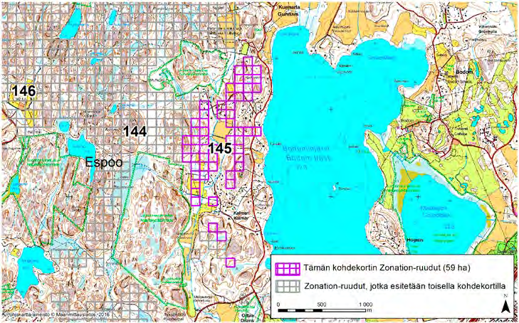 Espoo, Zonation-aluetunnus 145 ESPOO (145) Alue sijaitsee Bodominjärven länsirannalla Kalmarin kylän tuntumassa. Alueella on melko paljon pientaloasutusta, pieniä pelto- ja niittylaikkuja sekä teitä.