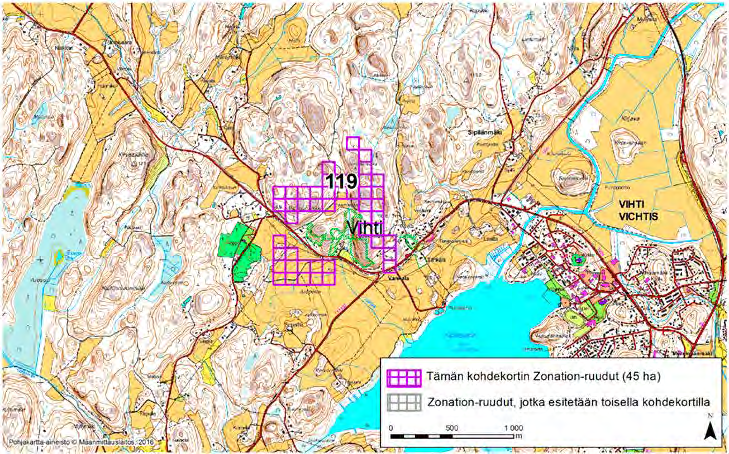 Vihti, Zonation-aluetunnus 119 VIHTI (119) Alue sijaitsee Vihdin keskustan ja Sipilänmäen kylän länsipuolella kallioisella metsä- ja peltoalueella.