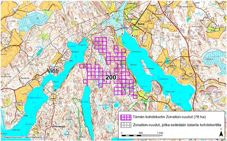 Vihti, Zonation-aluetunnus 200 VIHTI (200) Alue sijaitsee Vihdin kaakkoisosassa Salmen kylässä kahden järven, Salmijärven ja Poikkipuoliaisen, välissä. Alue on pääosin asumatonta.
