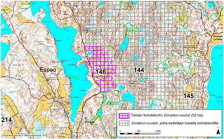 Espoo, Zonation-aluetunnus 146 ESPOO (146) osalta tietoon alueen itäreunaan ulottuvasta valtakunnallisesti arvokkaasta kallioalueesta (arvoluokka 3/5) sekä ruohostomaa-alueista eli alueen niityistä.