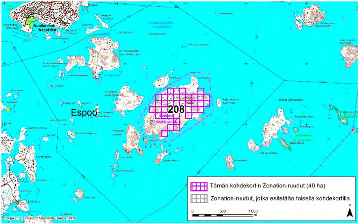 Espoo, Zonation-aluetunnus 208 ESPOO (208) Alue sijaitsee Espoossa Puolustusvoimien hallinnoimalla Miessaarella, hieman yli kahden kilometrin etäisyydellä Haukilahden rannasta etelään.