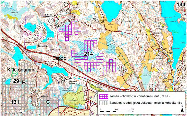 Espoo, Zonation-aluetunnus 214 ESPOO (214) Neliosainen alue sijaitsee Luoteis-Espoossa Kolmirannan ja Histan välissä laajalla yhtenäisellä metsäalueella, jossa on useita avokallioalueita.