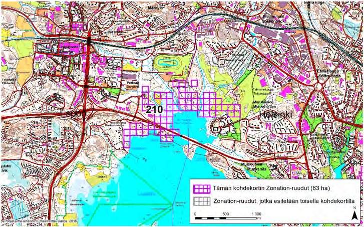 Espoo Helsinki, Zonation-aluetunnus 210 ESPOO HELSINKI (210) Alue sijaitsee Laajalahden pohjoisosan ja Iso Huopalahden rannoilla Espoon ja Helsingin rajan molemmin puolin.