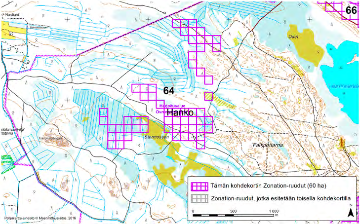Hanko, Zonation-aluetunnus 64 HANKO (64) Kartassa esitetty aluerajaus (taulukko) perustuu elinympäristöjen osalta tietoon alueella olevasta valtakunnallisesti hyvin arvokkaasta tuuli- ja