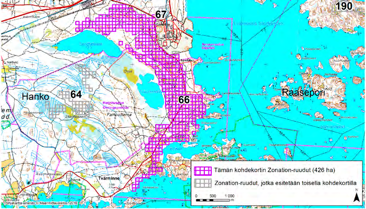 Hanko, Zonation-aluetunnus 66 HANKO (66) Alue sijaitsee Hangon itäosissa itäänpäin kaareutuvana alueena Krogarsin ja Tvärminnen kylien välissä sekä Koverharin alueen länsi- ja lounaispuolella pääosin