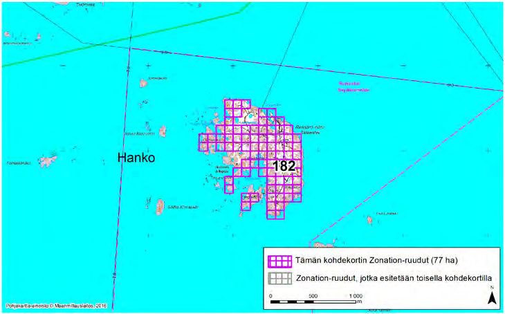 Hanko, Zonation-aluetunnus 182 HANKO (182) Alue käsittää lähes kokonaan Russarön saaren, joka sijaitsee Hangon edustalla, noin neljä kilometriä Hankoniemen eteläkärjestä kaakkoon.
