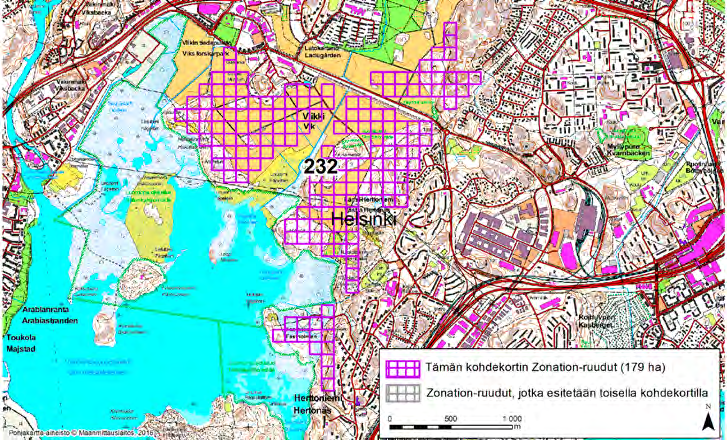 Helsinki, Zonation-aluetunnus 232 HELSINKI (232) Alue sijaitsee Koillis-Helsingin Viikin kaupunginosassa Vanhankaupunginlahden rantamilla ulottuen pohjoisessa Viikin tiedepuiston ja Latokartanon