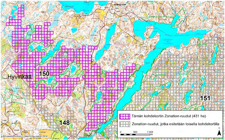 Hyvinkää, Zonation-aluetunnus 150 HYVINKÄÄ (150) Laaja alue sijaitsee Hyvinkään luoteisosassa Kytäjärven ja Hirvijärven välissä kallioisella, pääosin asumattomalla metsäylängöllä.