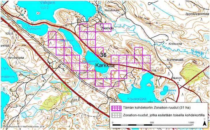 Karkkila, Zonation-aluetunnus 36 KARKKILA (36) Alue sijaitsee Karkkilan luoteisosissa Kovelonkulman ja Vuolinaisten kylien välissä asumattomalla metsäalueella.