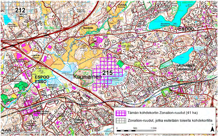 Kauniainen, Zonation-aluetunnus 215 KAUNIAINEN (215) Alue sijaitsee Kauniaisten länsiosassa Kasavuoren ja Suursuon välissä kallioisella metsäalueella.