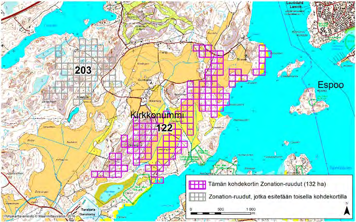 Kirkkonummi, Zonation-aluetunnus 122 KIRKKONUMMI (122) Alue sijaitsee Kirkkonummen itäosissa Tanskarlan (Danskarby) kylän koillispuolella kallioisia metsäalueita ja kulttuurimaisemaa sisältävällä