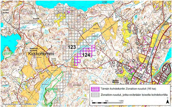 Kirkkonummi, Zonation-aluetunnus 124 KIRKKONUMMI (124) Alue sijaitsee Kirkkonummen keskiosissa Masalan ja Sepänkylän välissä. Pääosa alueesta on puustoista, osin ojitettua suota.