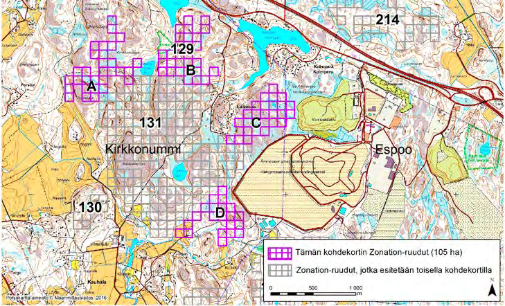 Kirkkonummi, Zonation-aluetunnus 129 KIRKKONUMMI (129) Alue sijaitsee Kirkkonummen Kolmperän ja Kauhalan välisellä kallioisella metsäalueella.