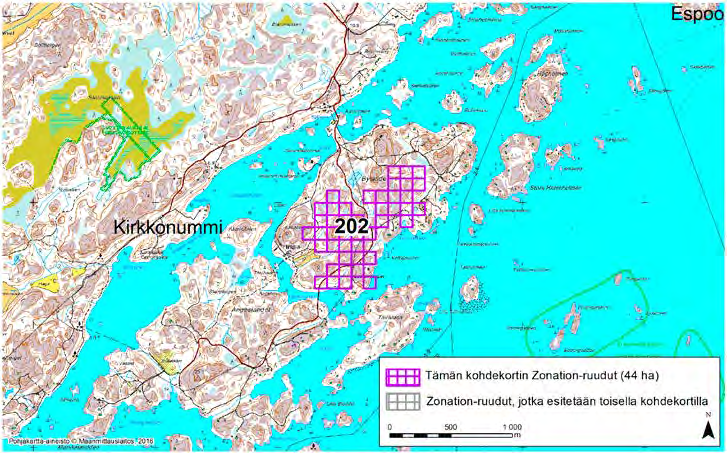 Kirkkonummi, Zonation-aluetunnus 202 KIRKKONUMMI (202) Alue sijaitsee Kirkkonummen kaakkoisosassa Bylandetin saarella, jota yhdistää silta sekä mantereeseen että lounaispuolella sijaitsevaan