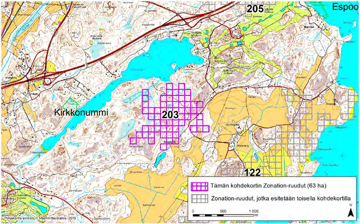 Kirkkonummi, Zonation-aluetunnus 203 KIRKKONUMMI (203) Alue sijaitsee Kirkkonummen kaakkoisosassa Abramsbyn ja Gumbackan kylien länsipuolella ja Finnträskin eteläpuolella.