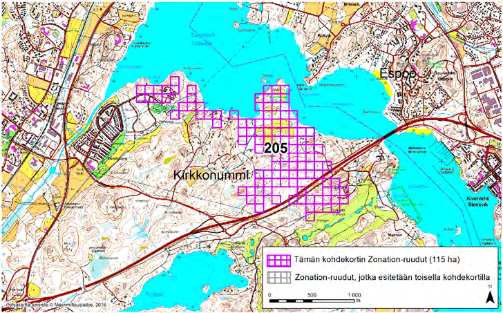 Kirkkonummi, Zonation-aluetunnus 205 KIRKKONUMMI (205) Alue sijaitsee Kirkkonummen itäosassa Sundsbergin kylässä Espoonlahden länsirannalla.