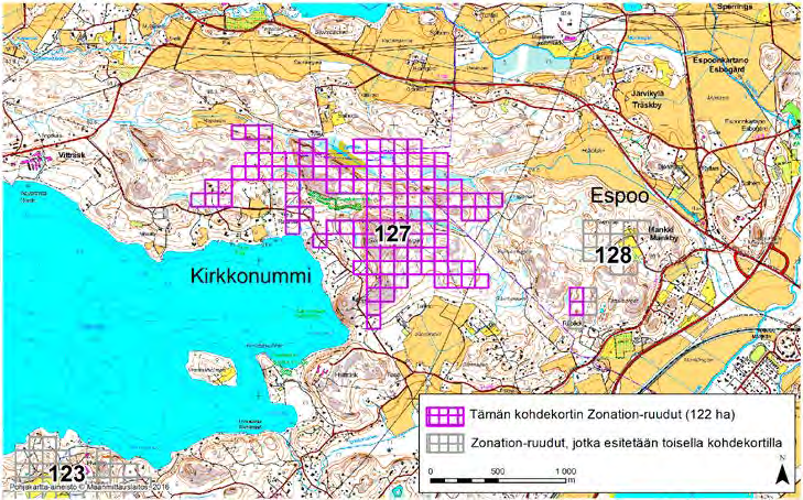 Kirkkonummi Espoo, Zonation-aluetunnus 127 KIRKKONUMMI ESPOO (127) Alue sijaitsee Kirkkonummen itäosissa ja osin myös Espoon länsiosissa Luoman (Bobäck) kylän luoteispuolella ja Vitträskin kylän