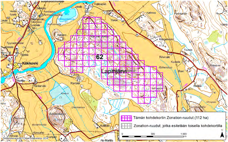 Lapinjärvi, Zonation-aluetunnus 62 LAPINJÄRVI (62) Alue sijaitsee Lapinjärven länsiosassa Käkikosken, Lamminalhon ja Porlammin (Porlom) kylien välissä asumattomalla kallioisella metsäalueella.