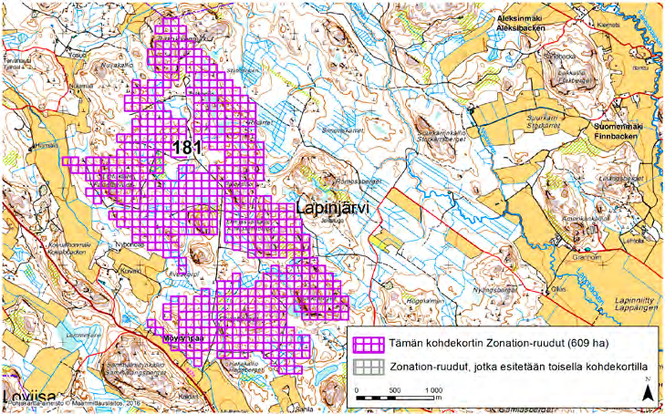 Lapinjärvi, Zonation-aluetunnus 181 LAPINJÄRVI (181) Alue sijaitsee Lapinjärven keskiosissa Mätkiston ja Möyrynpään kylien välissä käytännössä asumattomalla metsäalueella.