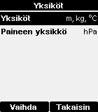 Luku 4 HM40-näyttölaitteen käyttäminen Asetukset-alivalikko Kieli Yksiköt Kieli-näytössä voit valita mittarin näyttökielen.