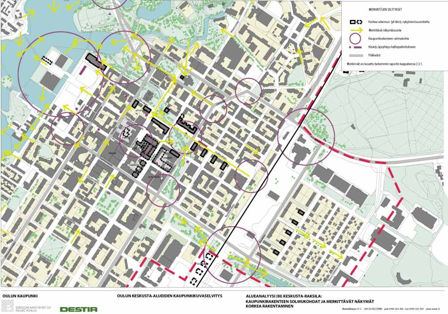 Kuva 5. Kaupunkikuvaselvitys, alueanalyysi ja toimenpidesuositukset keskusta-alueella. Korkeat rakennukset (yli kuusi kerrosta) on merkitty mustalla. (kuva: Eriksson Arkkitehdit Oy, Destia Oy) 3.6.