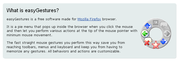 Easy Gestures Mozilla: piirakkavalikko Valikon sisältö mukautuu kontekstin mukaan Valikko voi olla hierarkkinen Valinta on aina suora liikerata (stroke)