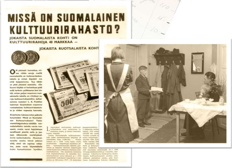 Koululaiskeräys Historia - ideologinen pohja Maisteri L. A. Puntilan artikkeli Suomen Kuvalehdessä (7/1937) herätti ajatuksen suomalaisen kulttuuri-rahaston perustamisesta.