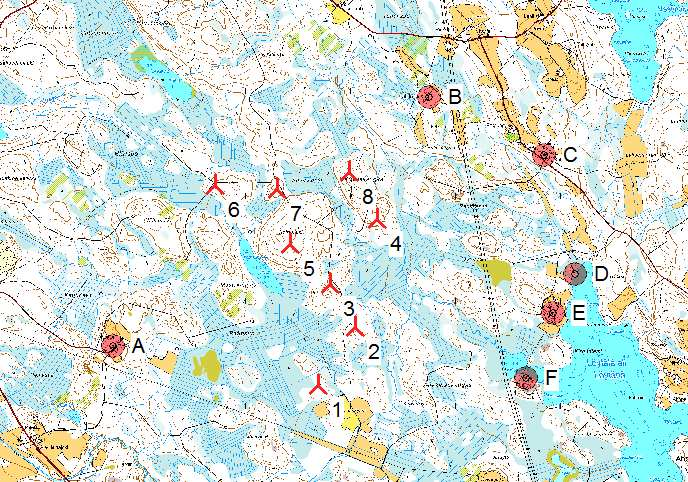 Project: 8K kaavaluonnos DECIBEL - Main Result Calculation: Karstula Koiramäki N131 x 8 x HH144 Noise calculation model: ISO 9613-2 General Wind speed: 8,0 m/s Ground attenuation: General, Ground