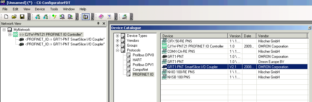 Muodosta väylän kokoonpano Avaa CX-Configurator-FDT ja sen laitelista Device Catalog CJ1W-PNT21 ja GRT1-PNT laitteet in esitetty DTM-muodossa.