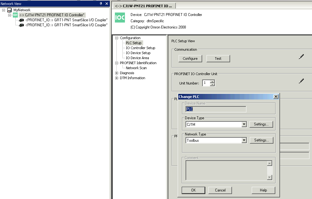 CJ1W-PNT21 asettelut - Määrittele PLC Avaa, vaikka tuplaklikillä, IO Controllerin määrittelyikkuna Tee PLC Setup asettelut ja valitse Controllerin Unitnumero oikeaksi Tässä on määritetty