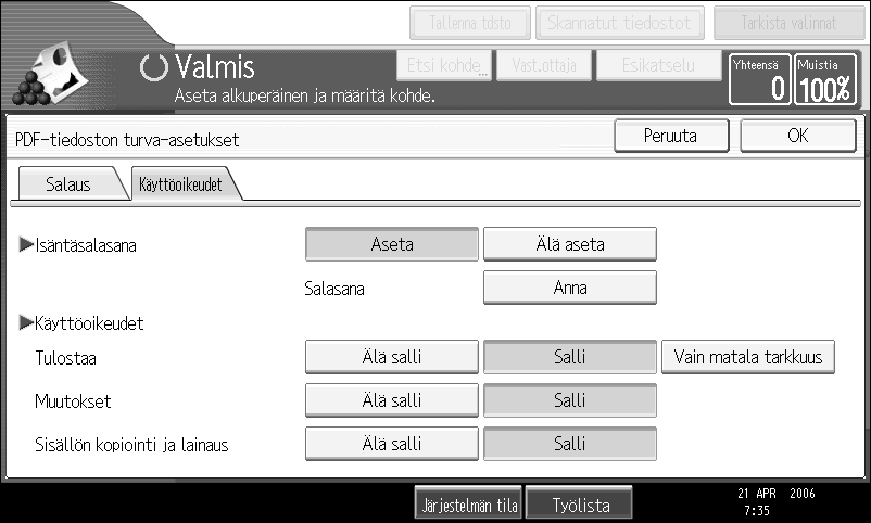 Tiedostotyypin ja tiedostonimen määrittäminen I Valitse suojausasetus.