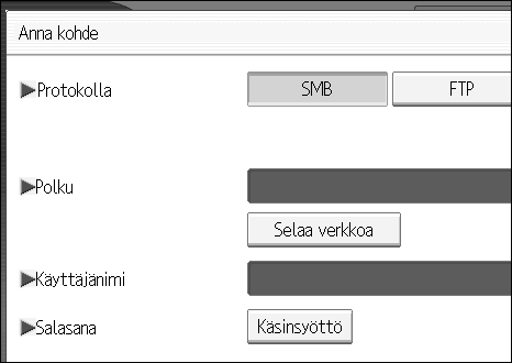 Skannaustiedostojen lähettäminen kansioihin Kohteen polun määrittäminen verkkoa selaamalla Voit selata ja etsiä kohdekansiota verkon tietokoneilta ja määrittää sitten polun. A Paina [Käsinsyöttö].