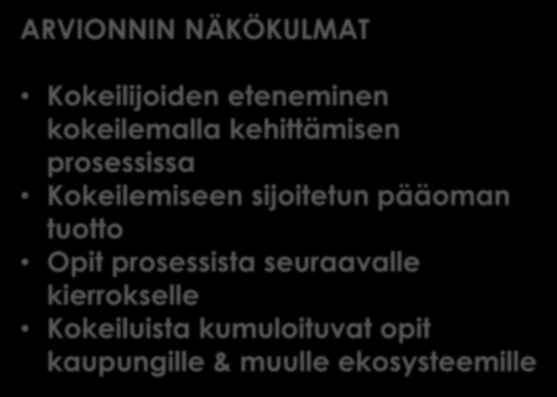 Vaikuttavuuden arviointi Vaikuttavuuden arvioinnin kehityksen hyödyt: Kokeiluja voidaan ohjata tuloksellisesti Opitaan osana prosessia Osataan mitoittaa kokeiluihin kohdennettuja resursseja paremmin
