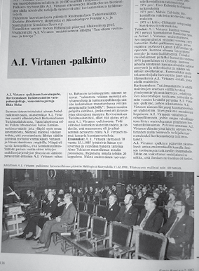 SILLOIN ENNEN NÄKÖKULMA Kemia-Kemi 2/1982 A.I. Virtanen -palkinto Ensimmäinen A.I. Virtanen -palkinto luovutettiin 17. pnä joulukuuta 1981 Tampereen yliopiston rehtorille professori Jarmo K.
