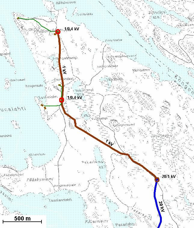 2 LIITE 3. Kuva 3.1. Kongonsaaren 1 kv järjestelmän rakenne ja sijoittuminen maastoon. Kongonsaaren 1 V verkko on rakennettu AMKA 3 x 7 + 95 riippukierrekaapelilla, jonka pituus on 2,7 km.