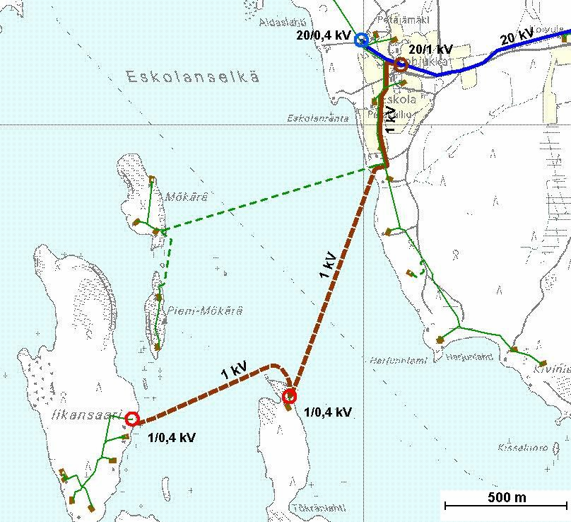 4 LIITE 3. Eskolanrannan muuntopiiri ja Iikansaaren sähköistys vesikaapeleilla Saaristojen sähköistyksen malliesimerkki Eskolanrannan muuntopiiri sijaitsee Hirvensalmen Väisälänsaaressa.