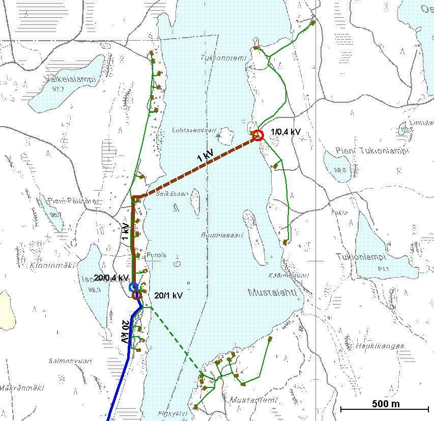6 LIITE 3. Kuva 3.4. Iso-Päistäreen 1 V jakeluverkko. Ympäristössä näkyvät muutokset ovat vähäisiä, sillä osa 1 V verkosta kulkee yhteiskäytössä 4 V verkon kanssa ja loppuosa järven pohjassa.
