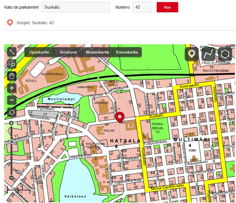 Kuopion kaupunki Asiakkaan ohje 11 (22) 3.2.3 Sijainnillisen tarkenteen lisäämiseen Kartan voi kohdistaa tiettyyn paikkaan osoitehaun avulla tai lisäämällä sijaintipisteen haluttuun paikkaan.