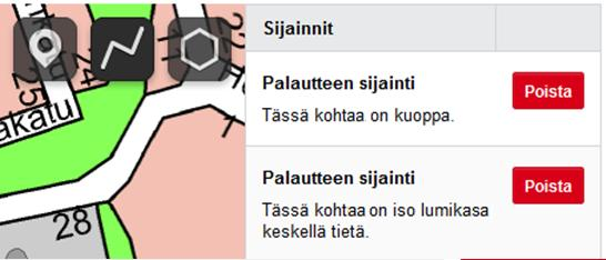Kuopion kaupunki Asiakkaan ohje 12 (22) 3.2.4 Palautteen sijaintimerkinnät Kartalta palautteelle annetut sijaintimerkinnät listataan kartan oikealla puolella olevaan listaan.