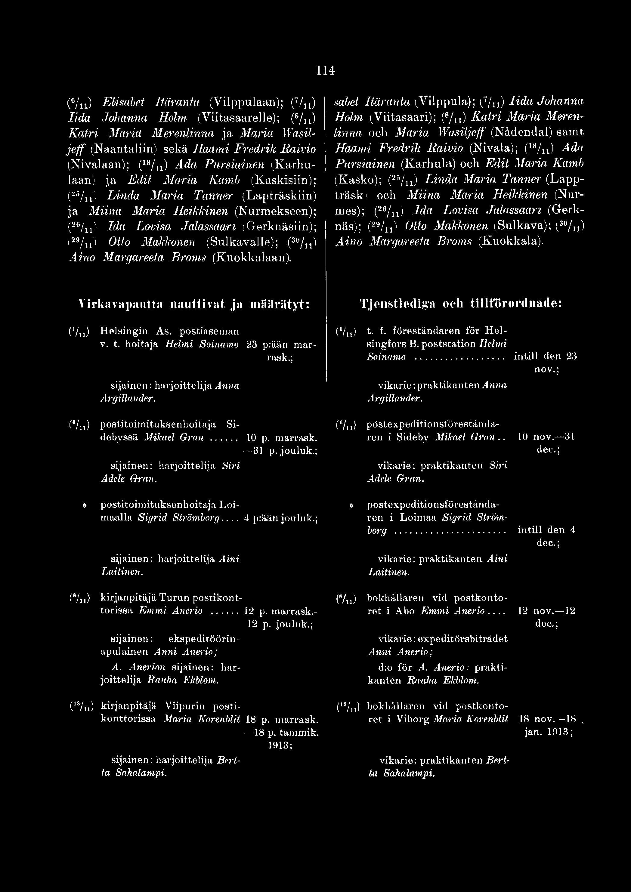 114 (6/u) Elisabet Itäranta (Vilppulaan); (7/u) Iida Johanna Holm (Viitasaarelle); (8/n) Katri Maria Merenlinna ja Maria Wasiljeff (Naantaliin) sekä Raami Fredrik Raivio (Nivalaan); (18/u) Mia