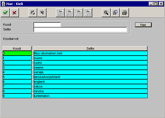 7. Koodistojen hakuikkunat Esimerkkinä ikkuna Hae Kieli Ellei koodi ole tiedossa, haku suoritetaan yleensä selitteen perusteella.