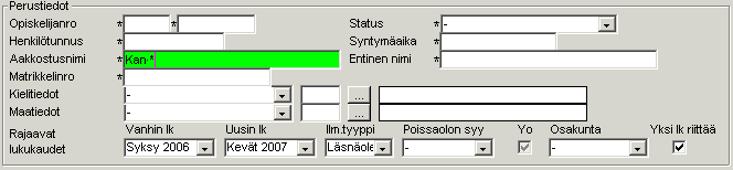 2.1. Perustiedot-osio Esimerkki: Haettu opiskelijoita, joiden sukunimi alkaa Kan ja joilla on läsnäoloilmoittautuminen ainakin yhdelle lukukaudelle lukuvuonna 2006-2007.