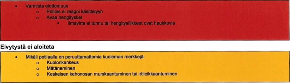 Pohjois-Karjalan pelastuslaitoksen elvytysprotokolla Liite 1 Hoito-ohjeet Elottomuus 700 Eloton, 701 Elvytys Matkalla kohteeseen selvitä: Onko potilas nähty tai kuultu menevän elottomaksi vai onko