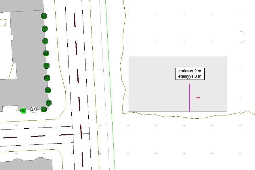 093086-2.1 4 Kuva 1. Laskentatulos lähimmällä julkisivulla, kun 2 m korkea melueste on 3 m etäisyydellä melulähteestä. Ruutuväli 10 x 10 m.