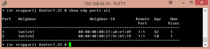 30 Kuva 17. Komennon show edp ports all ulostulo reitittimessä. Testataan ping-pakettien toimintaa Switch1 ja Router1 välillä sekä Switch2 ja Router1 välillä.