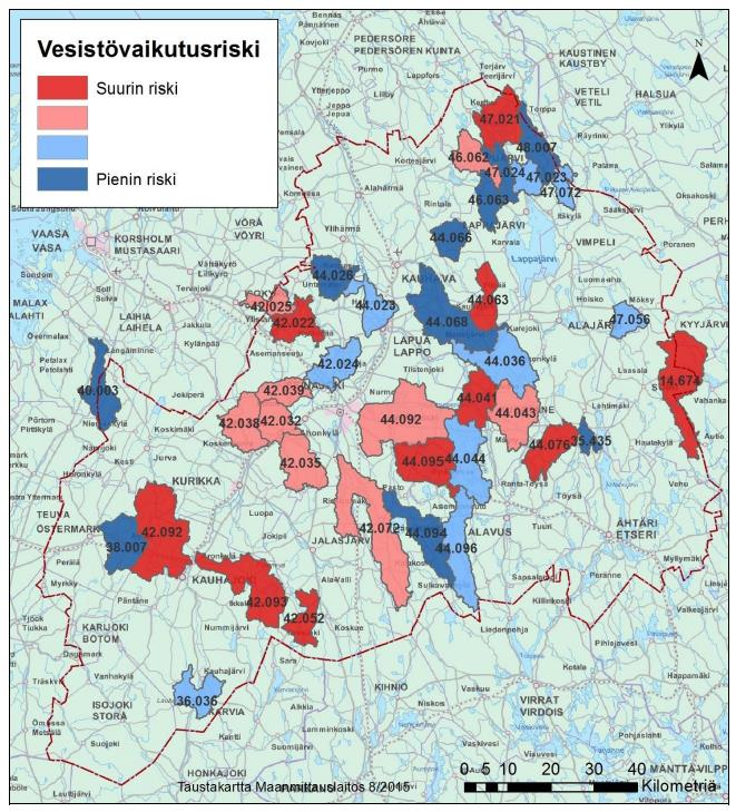 Kuva 10. Valuma-alueiden vesistövaikutusriski 3. jakovaiheen valuma-alueittain arvioitujen alueiden osalta. 7.3.5.