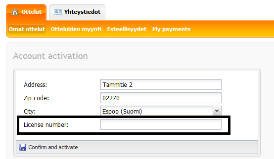 MAKSUJÄRJESTELMÄN KÄYTTÖOHJEET: AKTIVOI PELIKAUSI Täydennä lomakkeeseen oma lisenssinumerosi (8 numeroa) ja klikkaa Hyväksy ja aktivoi. Lisenssinumero on erittäin tärkeä ja sen pitää olla oikein.