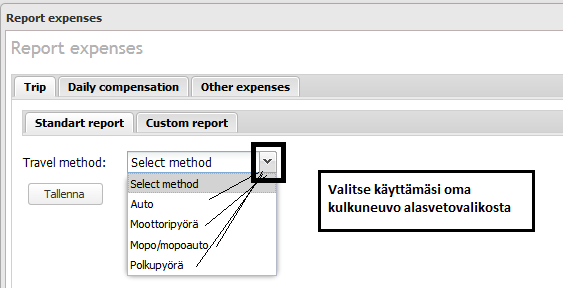 MATKALASKUN NÄKYMÄ Matkalaskussa on kolme eri välilehteä, joilla raportoidaan eri asioista.